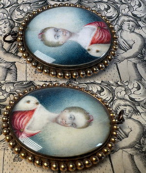 Antique 18th Century Portrait Miniature and Hair Art in Oyster 18k Gold Mount Pendant Locket