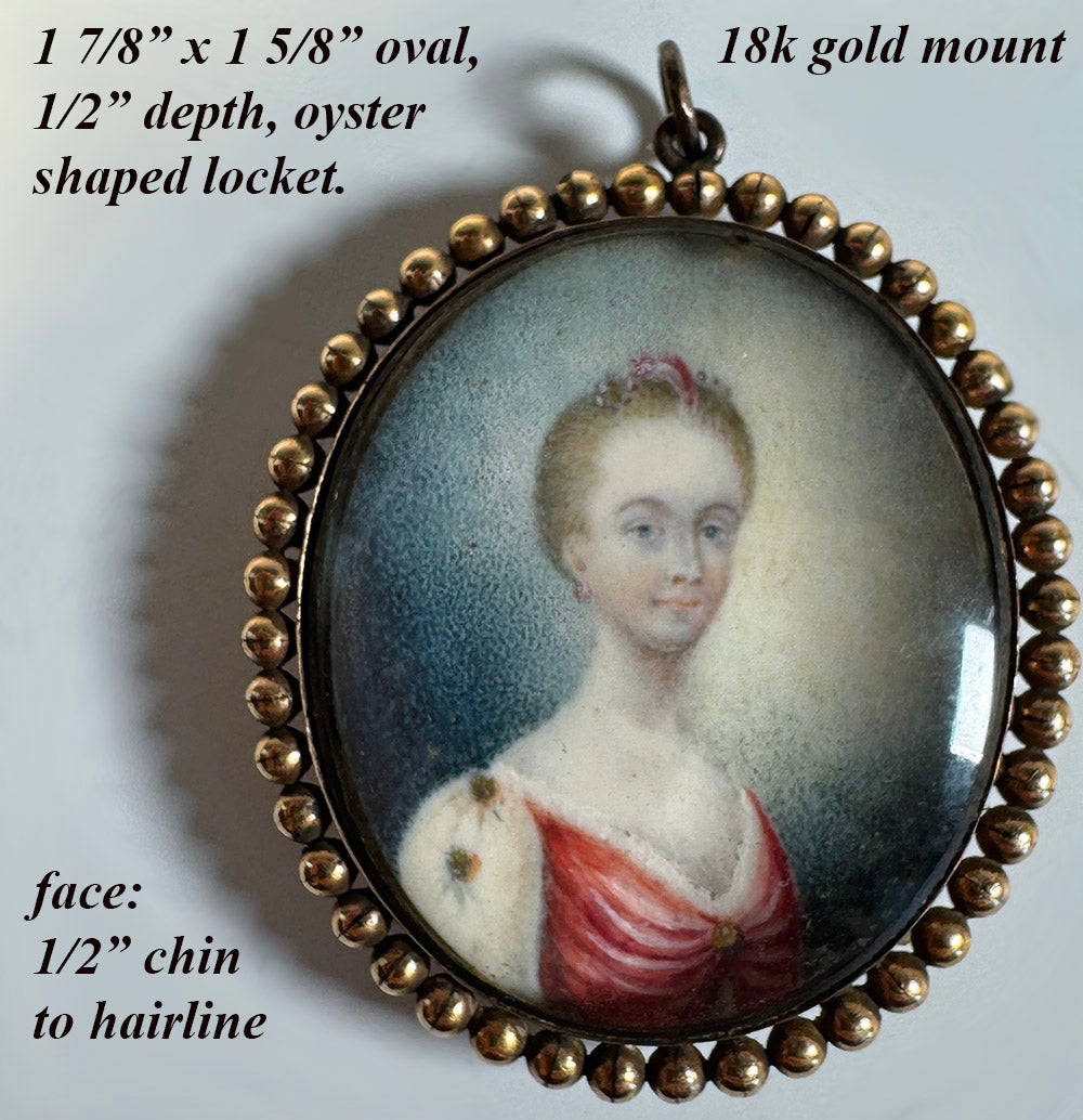 Antique 18th Century Portrait Miniature and Hair Art in Oyster 18k Gold Mount Pendant Locket