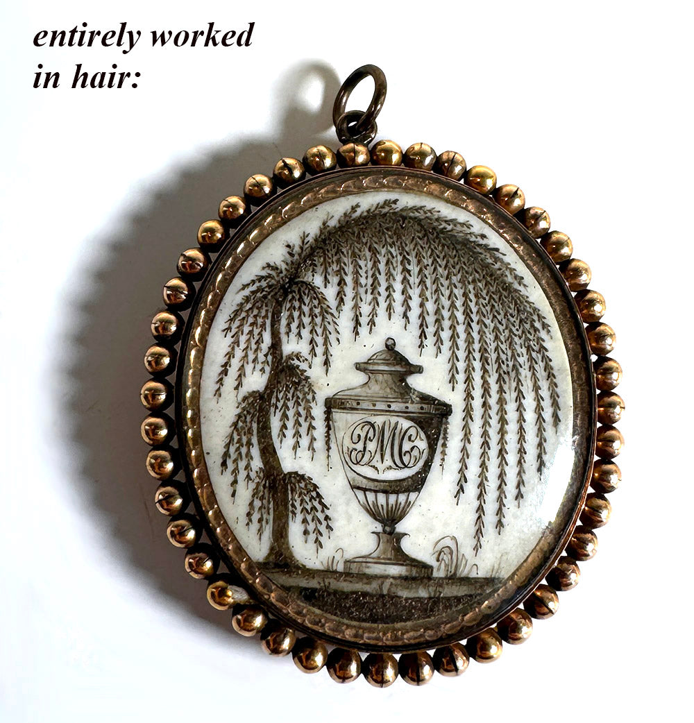 Antique 18th Century Portrait Miniature and Hair Art in Oyster 18k Gold Mount Pendant Locket