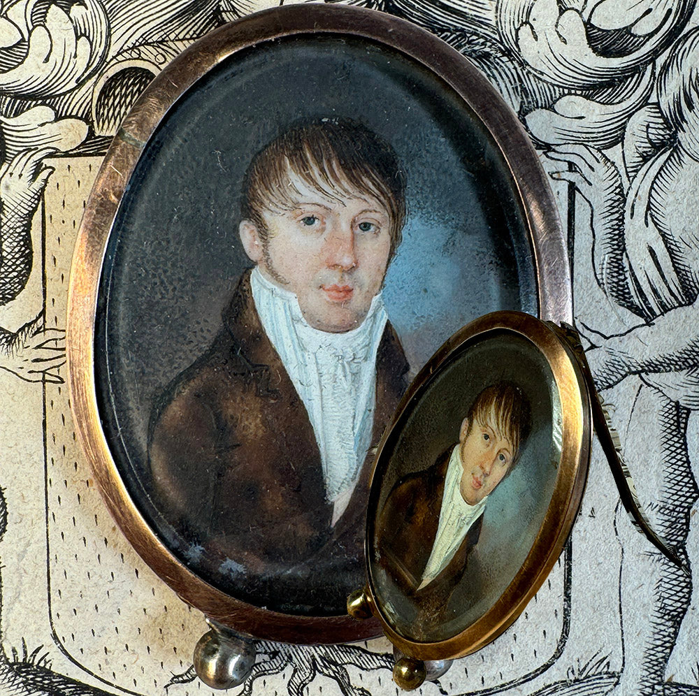 Tiny Antique French Empire Portrait Miniature in 2" Tall Easel Back Frame Dates c.1810-15 Napoleon Era