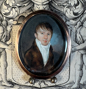 Tiny Antique French Empire Portrait Miniature in 2" Tall Easel Back Frame Dates c.1810-15 Napoleon Era