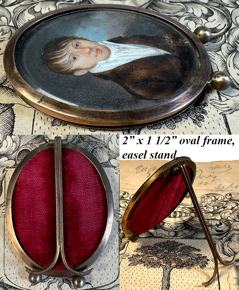 Tiny Antique French Empire Portrait Miniature in 2" Tall Easel Back Frame Dates c.1810-15 Napoleon Era