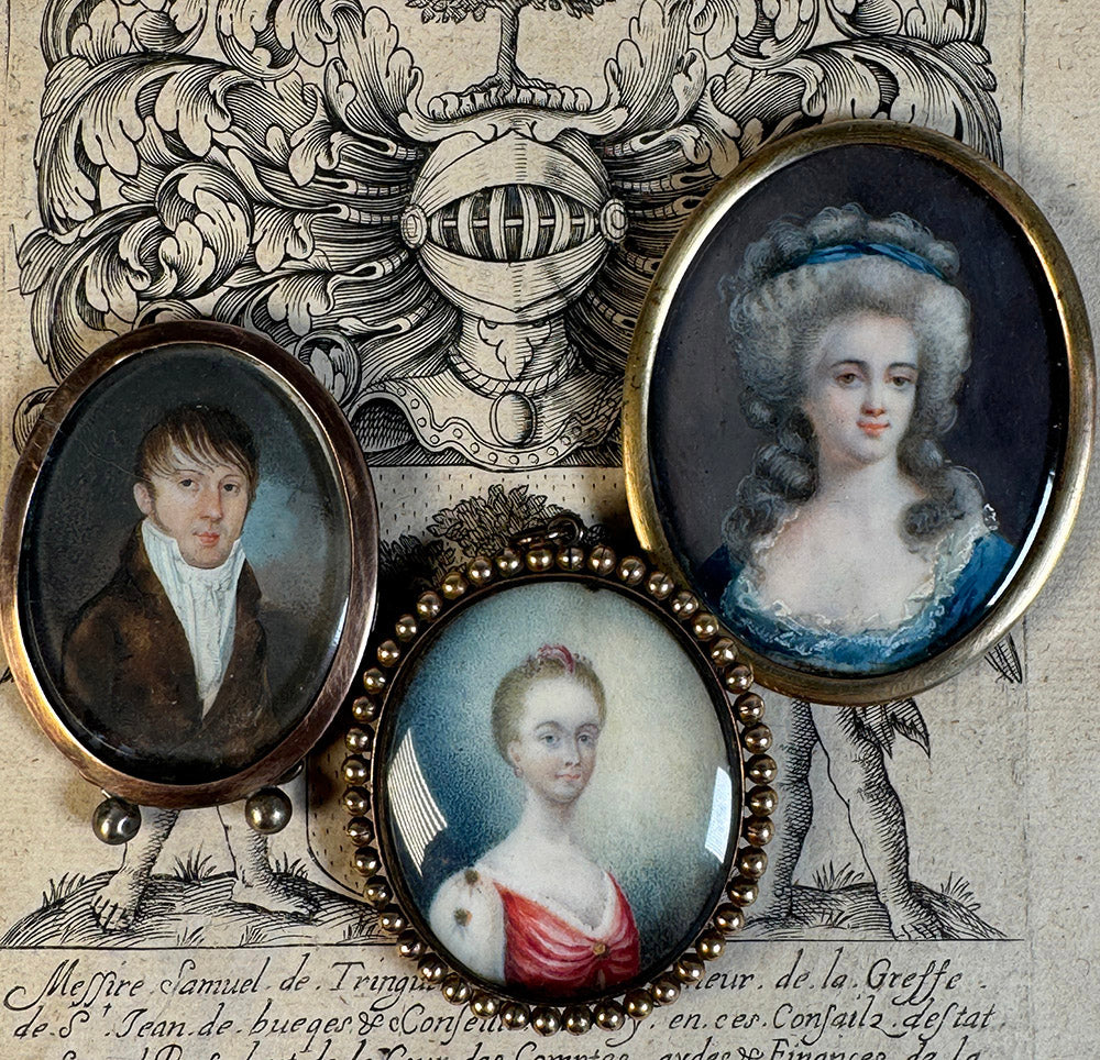 Tiny Antique French Empire Portrait Miniature in 2" Tall Easel Back Frame Dates c.1810-15 Napoleon Era