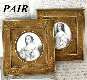 PAIR Antique French Gilded Wood Picture Frames with Intaglio Prints of 17-18th c. Royals