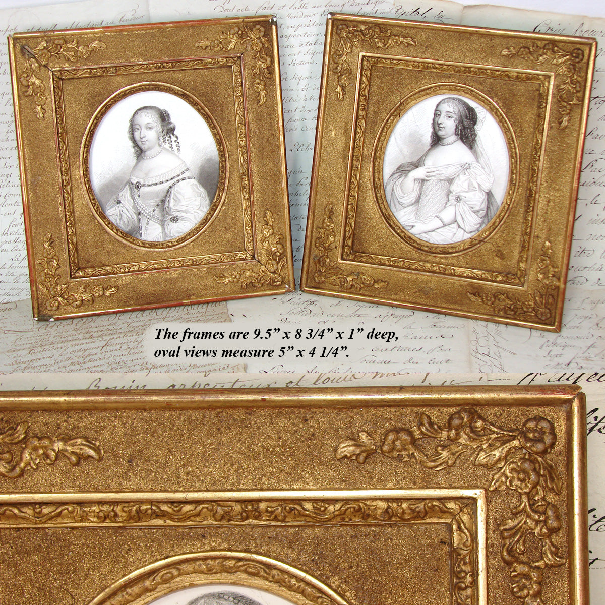 PAIR Antique French Gilded Wood Picture Frames with Intaglio Prints of 17-18th c. Royals