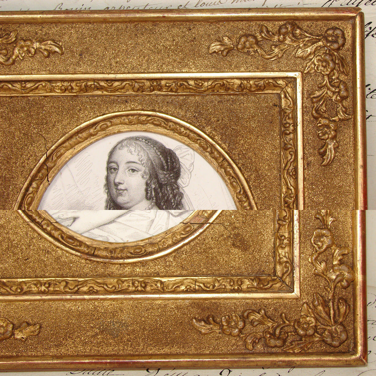 PAIR Antique French Gilded Wood Picture Frames with Intaglio Prints of 17-18th c. Royals