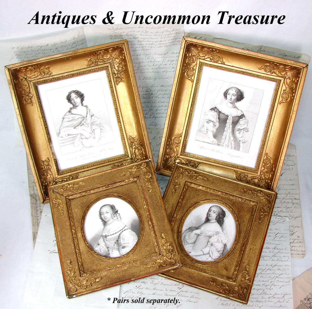 PAIR Antique French Gilded Wood Picture Frames with Intaglio Prints of 17-18th c. Royals