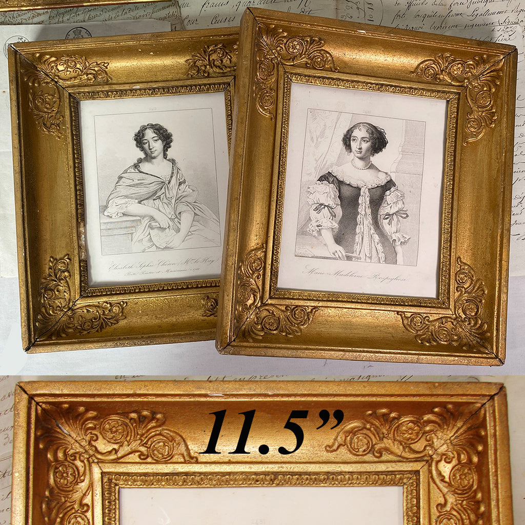 PAIR Antique French Empire Gilt Wood Picture Frames with Intaglio Prints of 18th c. Portraits