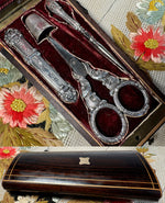 Antique French Napoleon III (Victorian) Era Sterling Silver Sewing Tools in Superb Box, Etui, Set