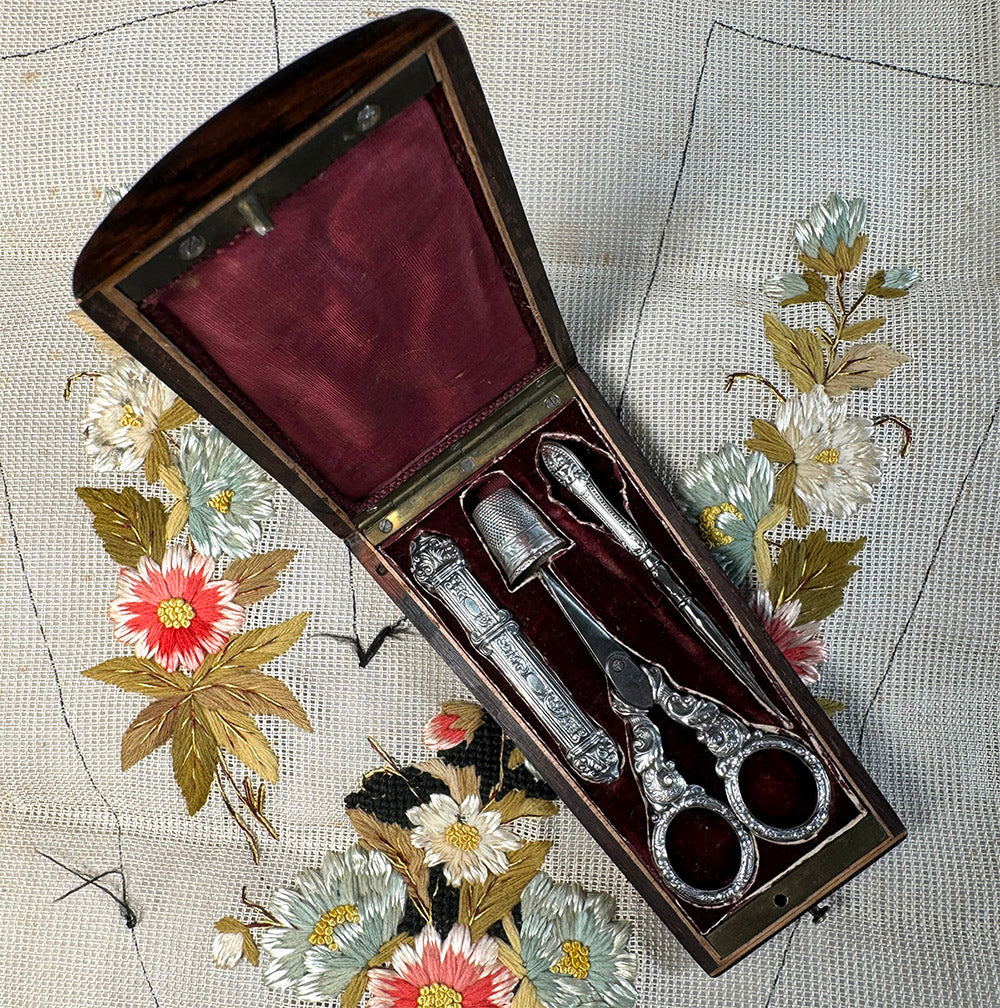 Antique French Napoleon III (Victorian) Era Sterling Silver Sewing Tools in Superb Box, Etui, Set