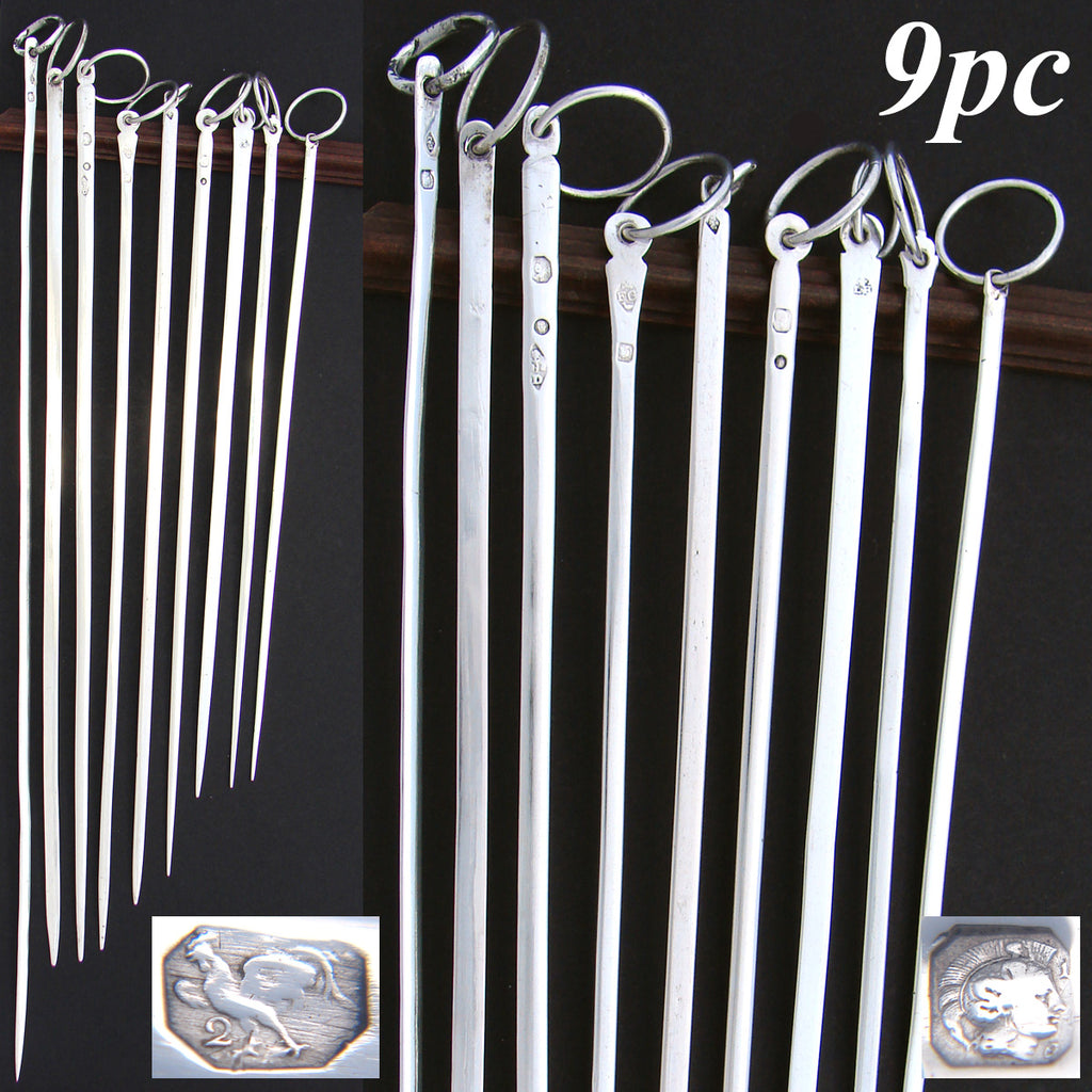 Antique French Hallmarked Sterling Silver 9pc Skewer or Hatelet Set, 1798-1838 Marks