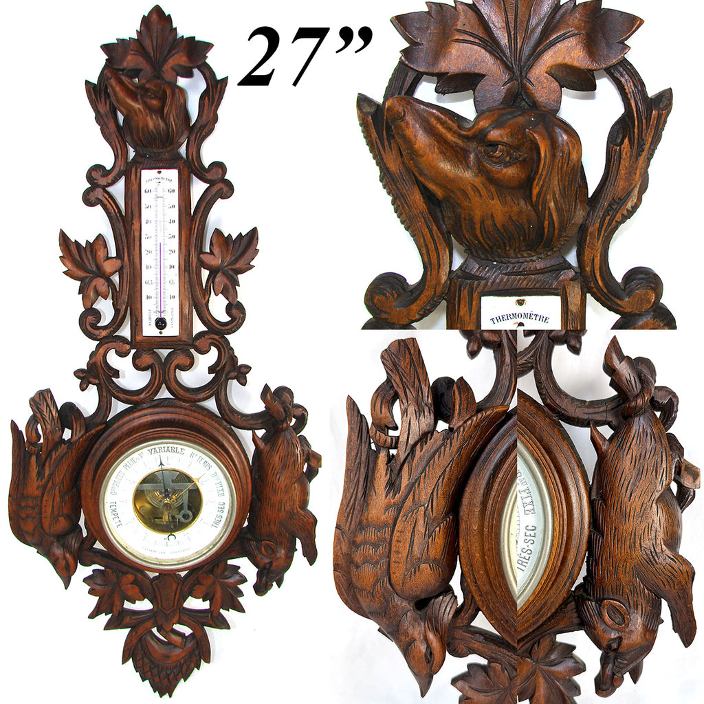 Antique Victorian Era Black Forest Style 27" Wall Barometer & Thermometer, "Fruits of the Hunt" Theme