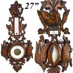 Antique Victorian Era Black Forest Style 27" Wall Barometer & Thermometer, "Fruits of the Hunt" Theme