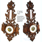 Antique Victorian Era Black Forest Style 27" Wall Barometer & Thermometer, "Fruits of the Hunt" Theme