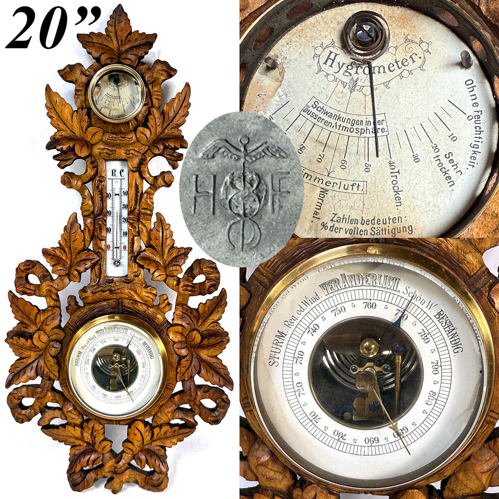Rare Antique Edwardian Era Black Forest Style 20" Wall Barometer, Thermometer & Hygrometer