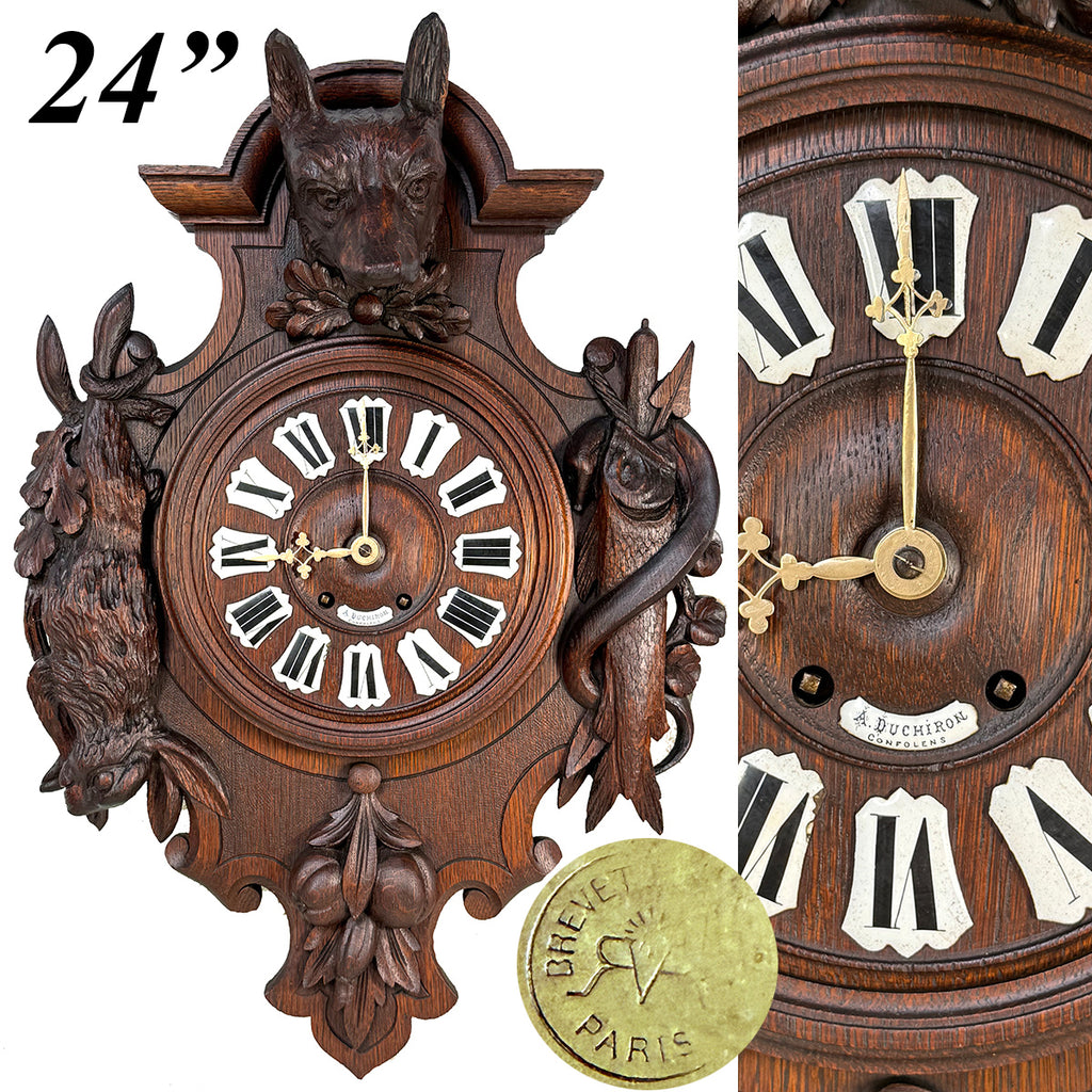 Antique Black Forest Carved 24" Wall or Parlor Clock, Fruits of the Hunt Theme with Fox or Dog, Hare & Fish