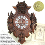 Antique Black Forest Carved 24" Wall or Parlor Clock, Fruits of the Hunt Theme with Fox or Dog, Hare & Fish