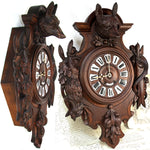 Antique Black Forest Carved 24" Wall or Parlor Clock, Fruits of the Hunt Theme with Fox or Dog, Hare & Fish