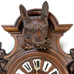 Antique Black Forest Carved 24" Wall or Parlor Clock, Fruits of the Hunt Theme with Fox or Dog, Hare & Fish