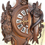 Antique Black Forest Carved 24" Wall or Parlor Clock, Fruits of the Hunt Theme with Fox or Dog, Hare & Fish