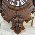 Antique Black Forest Carved 24" Wall or Parlor Clock, Fruits of the Hunt Theme with Fox or Dog, Hare & Fish