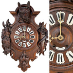 Antique Black Forest Carved 24" Wall or Parlor Clock, Fruits of the Hunt Theme with Fox or Dog, Hare & Fish