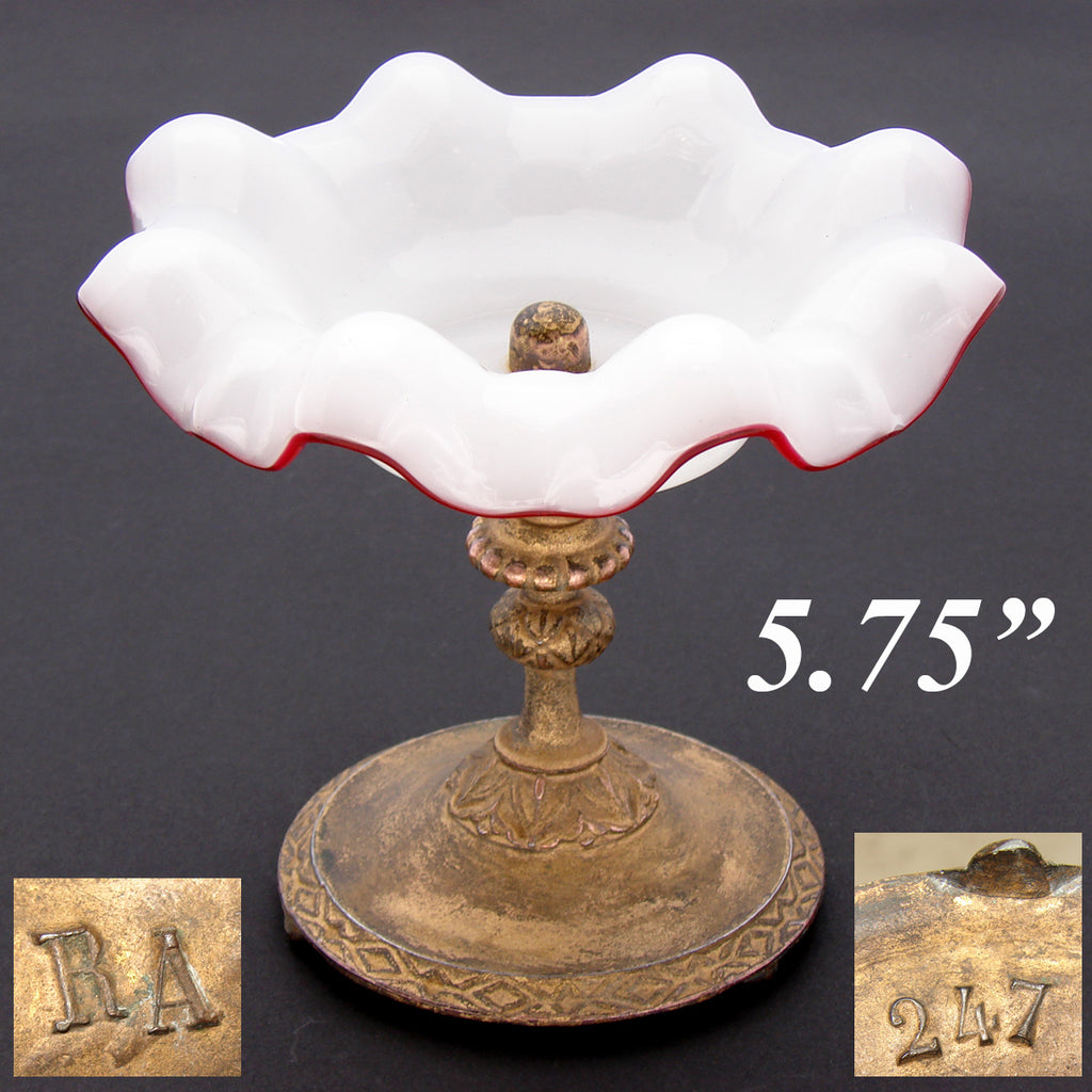 Antique Victorian to Edwardian Era 5.75" Tazza, Bonbon or Candies Dish, Ruffled White Opaline Glass & Gilt Metal Base