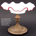 Antique Victorian to Edwardian Era 5.75" Tazza, Bonbon or Candies Dish, Ruffled White Opaline Glass & Gilt Metal Base