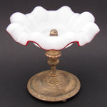 Antique Victorian to Edwardian Era 5.75" Tazza, Bonbon or Candies Dish, Ruffled White Opaline Glass & Gilt Metal Base