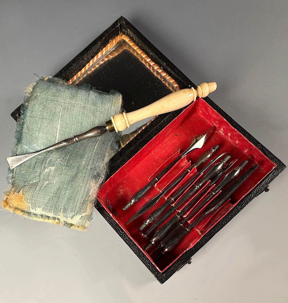 Antique c. 1830 French Dental Hygiene Care or Dentist Tools in Original Travel Case, Necessaire, Carved Handle, Toothpick