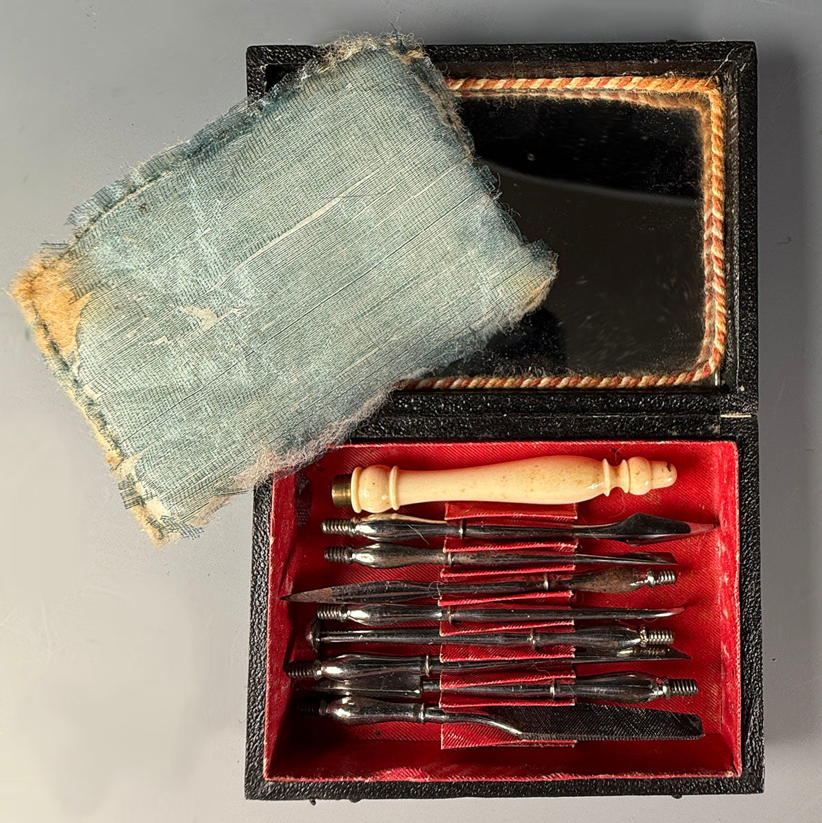 Antique c. 1830 French Dental Hygiene Care or Dentist Tools in Original Travel Case, Necessaire, Carved Handle, Toothpick