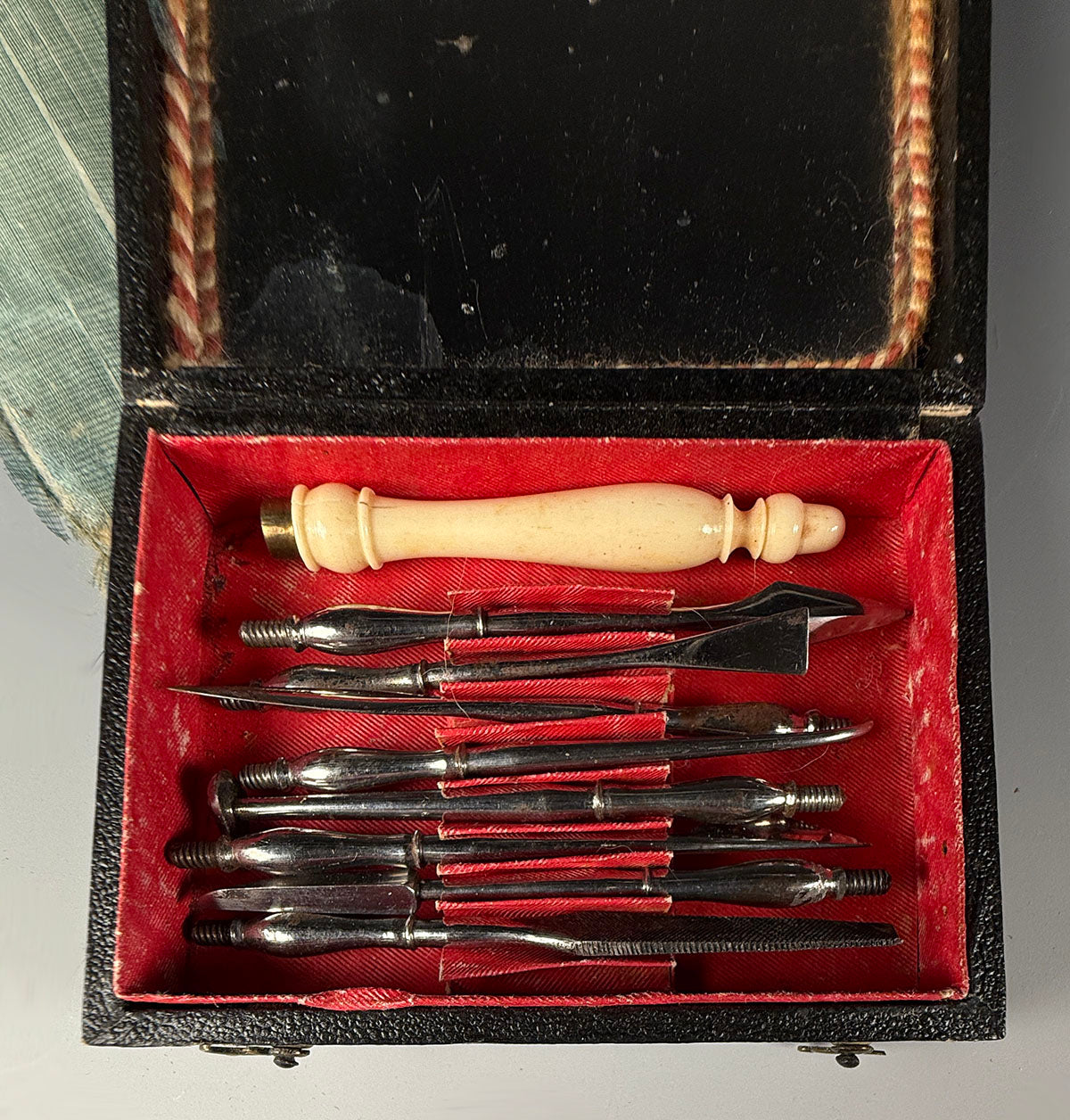 Antique c. 1830 French Dental Hygiene Care or Dentist Tools in Original Travel Case, Necessaire, Carved Handle, Toothpick