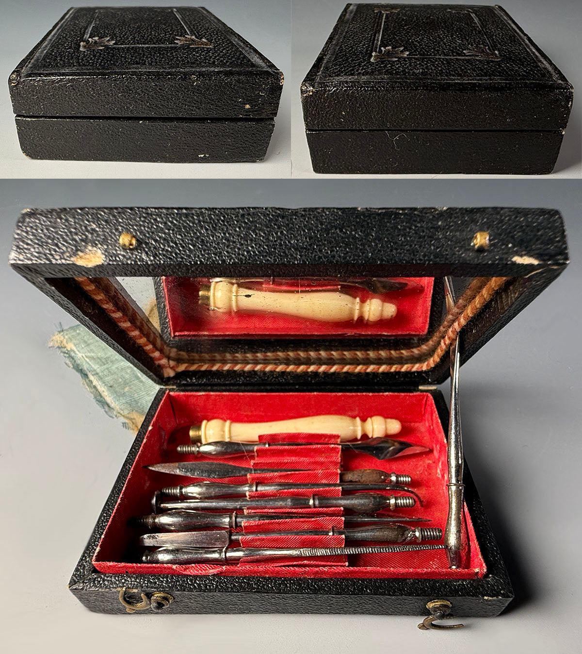 Antique c. 1830 French Dental Hygiene Care or Dentist Tools in Original Travel Case, Necessaire, Carved Handle, Toothpick