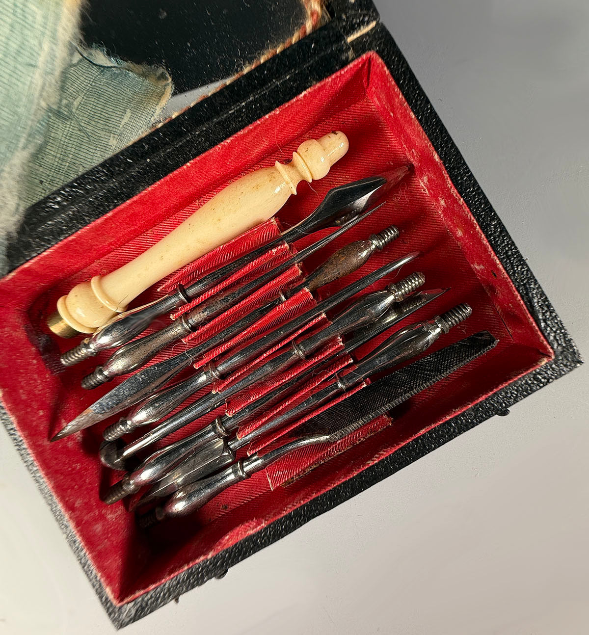 Antique c. 1830 French Dental Hygiene Care or Dentist Tools in Original Travel Case, Necessaire, Carved Handle, Toothpick