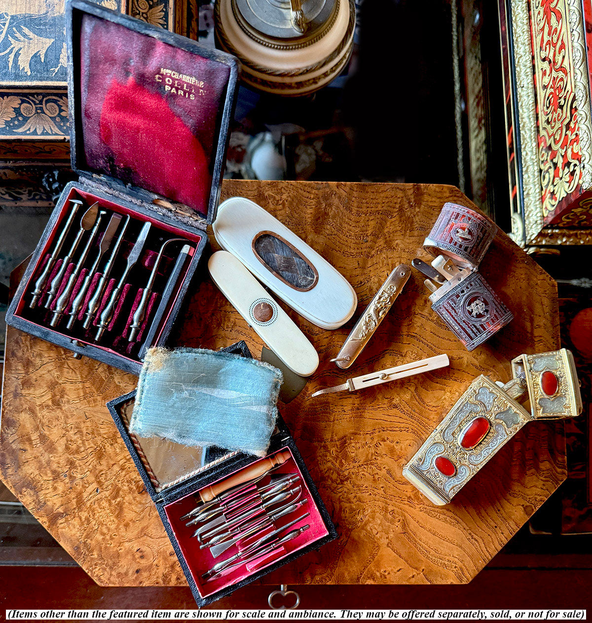 Antique c. 1830 French Dental Hygiene Care or Dentist Tools in Original Travel Case, Necessaire, Carved Handle, Toothpick