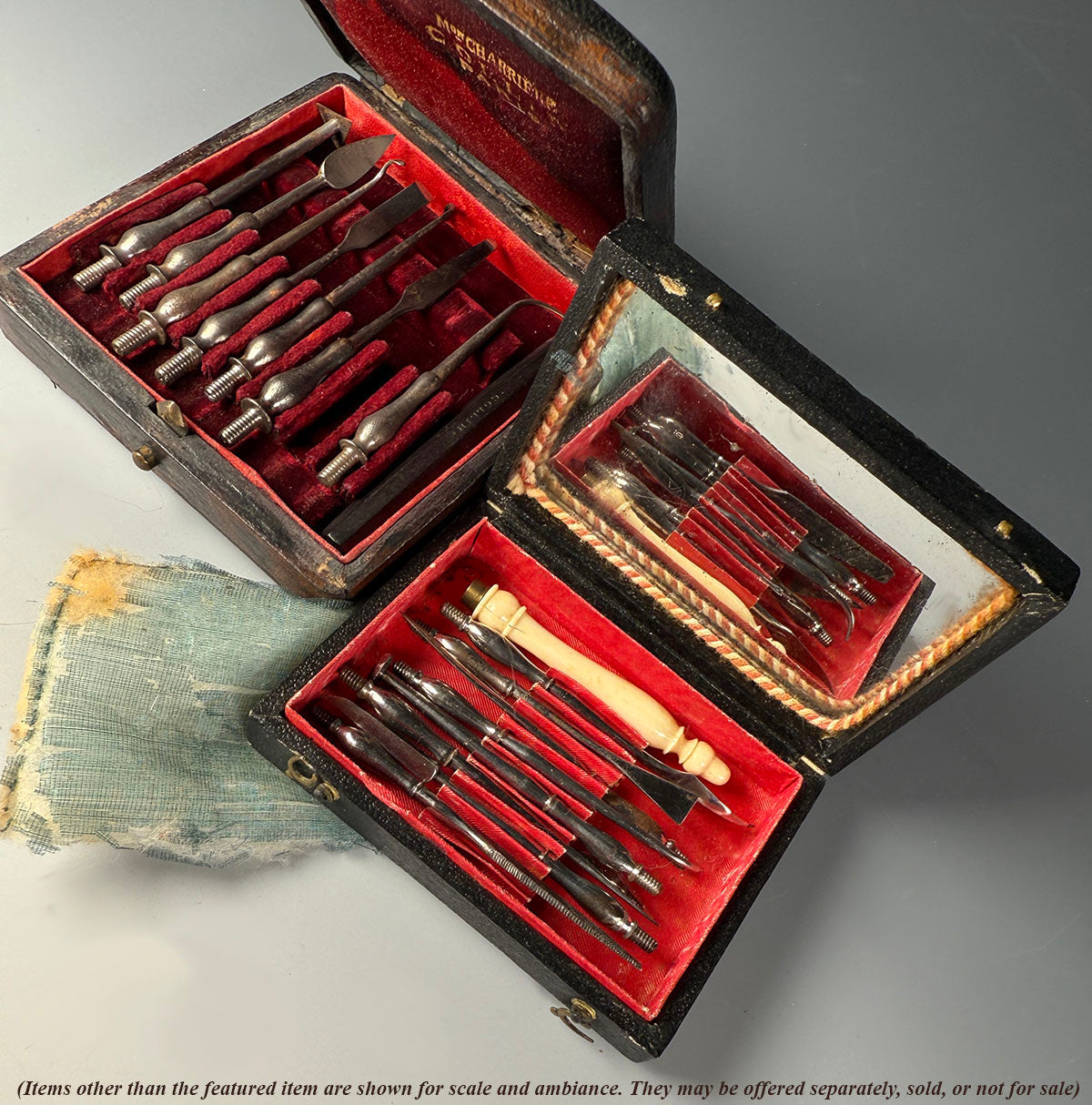 Antique c. 1830 French Dental Hygiene Care or Dentist Tools in Original Travel Case, Necessaire, Carved Handle, Toothpick