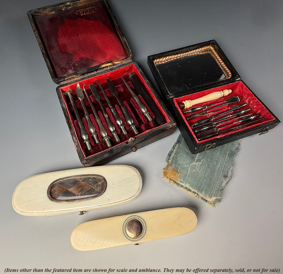 Antique c. 1830 French Dental Hygiene Care or Dentist Tools in Original Travel Case, Necessaire, Carved Handle, Toothpick