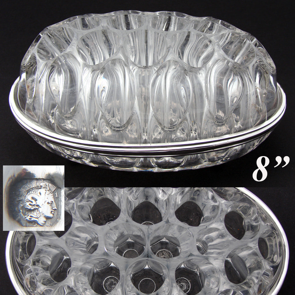 Elegant Vintage French Sterling Silver & Blown Glass 8" Flower Frog, Vase, Centerpiece