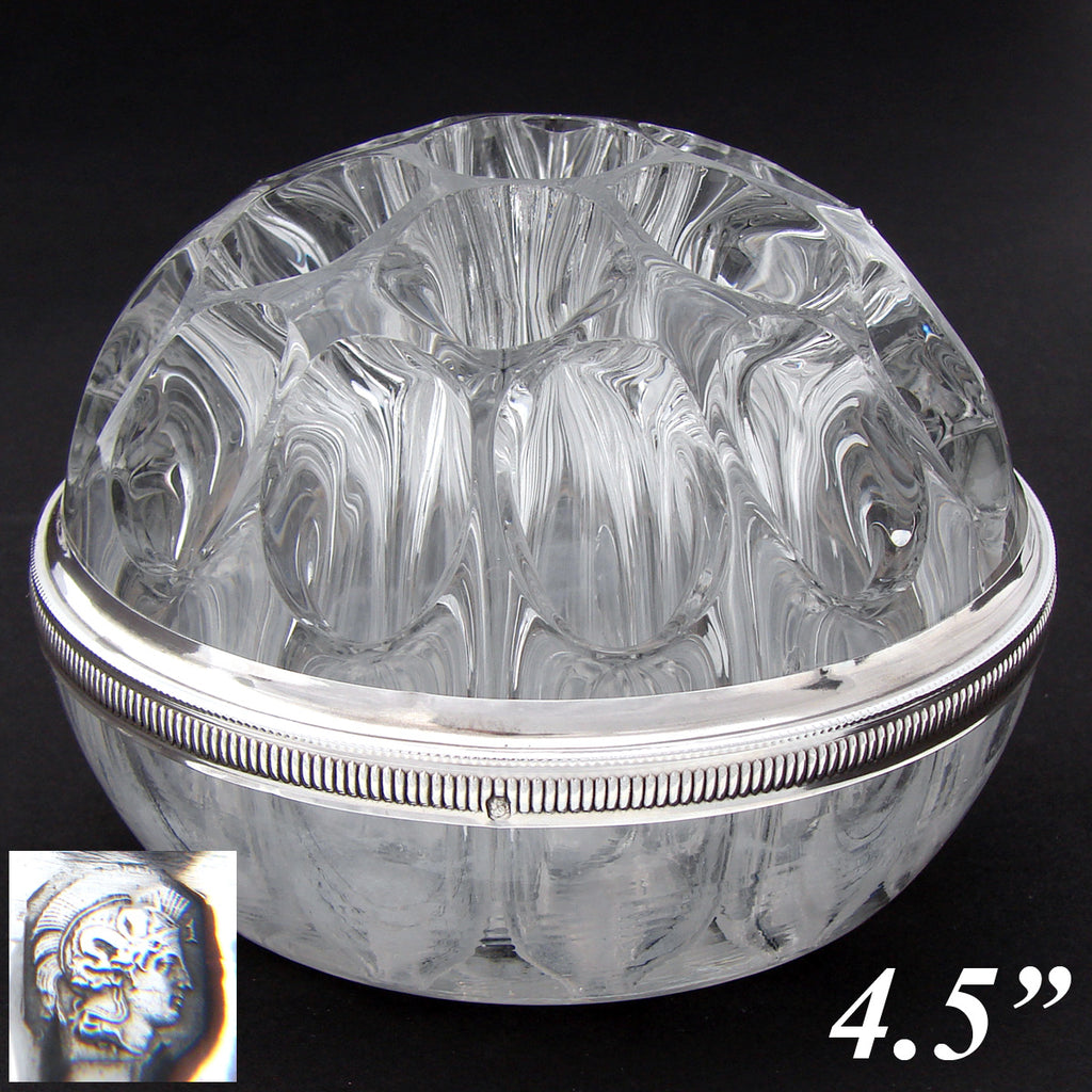 Elegant Vintage French Sterling Silver & Blown Glass 4.5" Flower Frog, Vase, Centerpiece