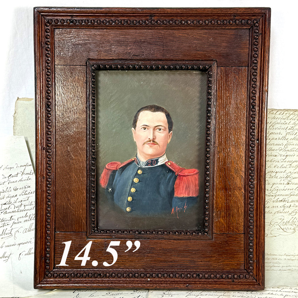 Antique Oil on Canvas Painting of Gendarme, Military Officer in Uniform, Signed & Personalized, 14.5" Oak Frame