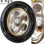 Antique French Hair Art Mourning Icon, 7.75" Bombe Style Frame, Tomb with "A Ma Mere" inscription