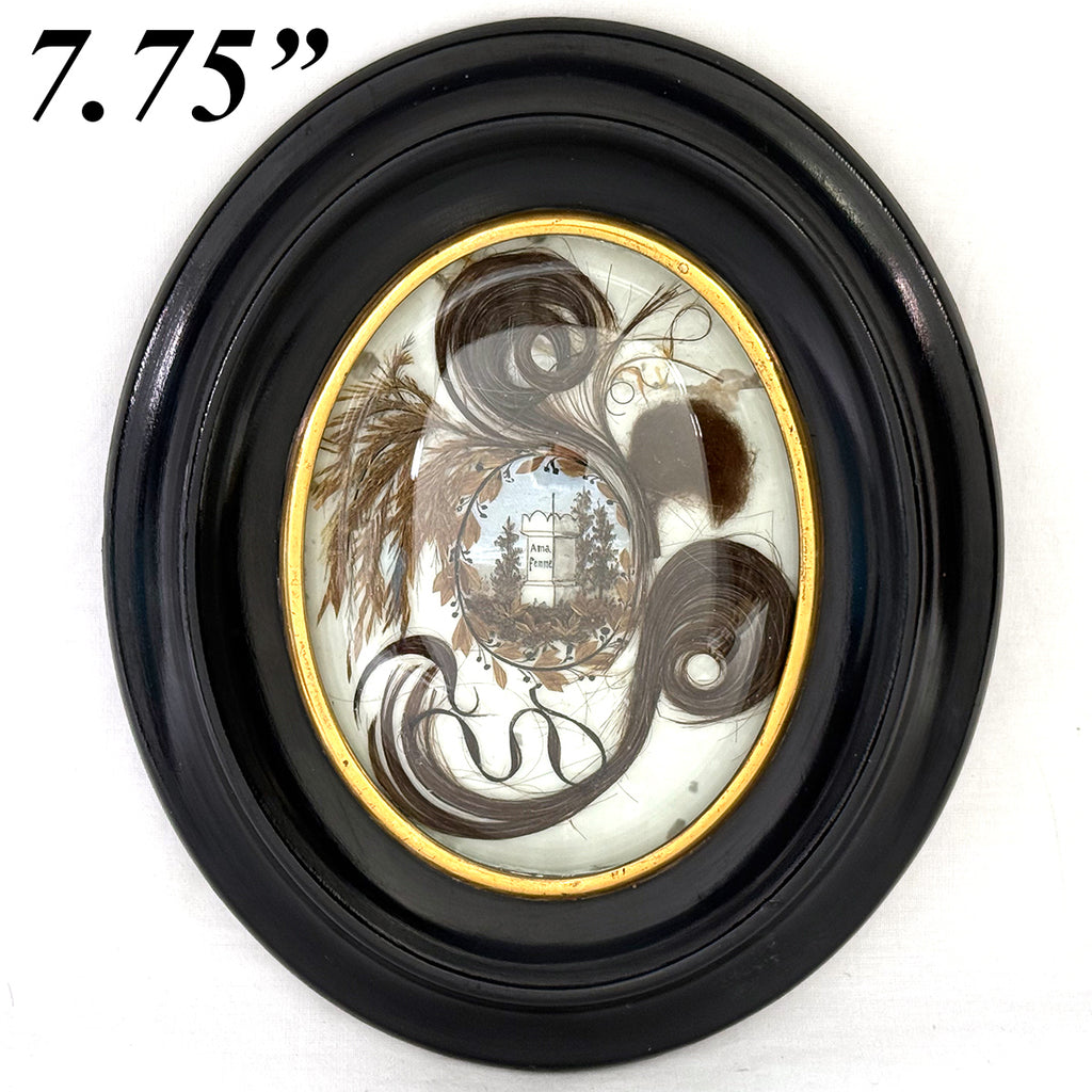 Antique French Hair Art Mourning Icon, 7.75" Bombe Style Frame, Tomb with "A Ma Femme" inscription