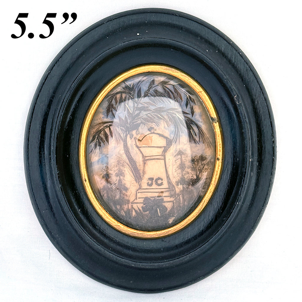 Antique French Mourning Hair Art Memento, Tomb Scene in Oval Ebonized Bombe Style Frame