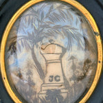 Antique French Mourning Hair Art Memento, Tomb Scene in Oval Ebonized Bombe Style Frame
