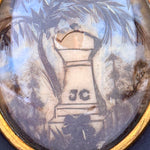Antique French Mourning Hair Art Memento, Tomb Scene in Oval Ebonized Bombe Style Frame