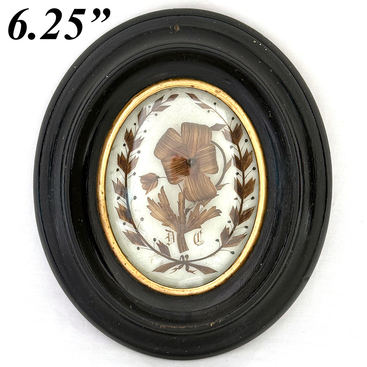 Antique French Hair Art Mourning Icon, Memento, Flower & Wreath "JC" Inscription in Oval Bombe Frame