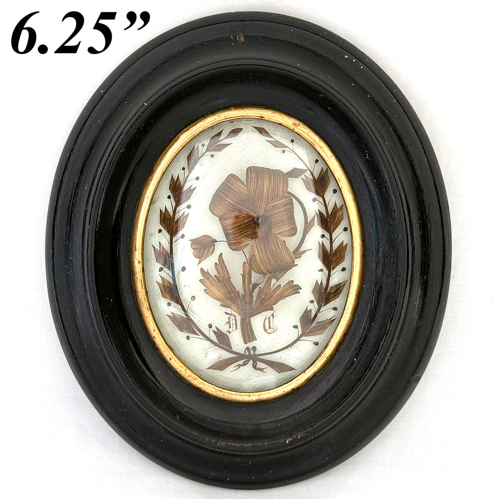 Antique French Hair Art Mourning Icon, Memento, Flower & Wreath "JC" Inscription in Oval Bombe Frame