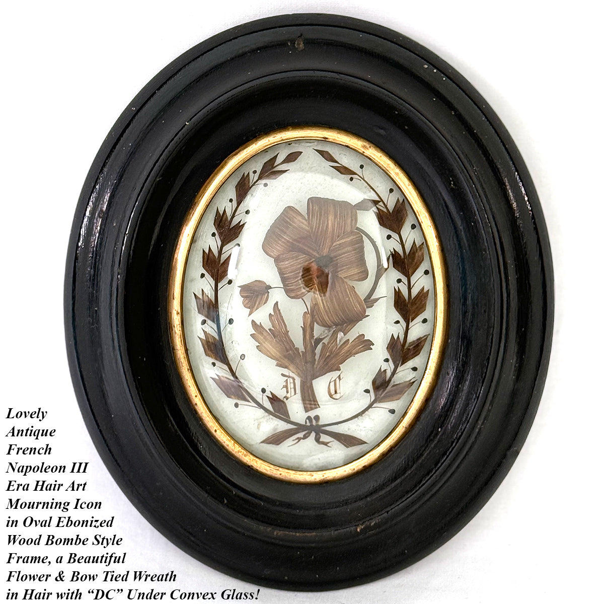 Antique French Hair Art Mourning Icon, Memento, Flower & Wreath "JC" Inscription in Oval Bombe Frame