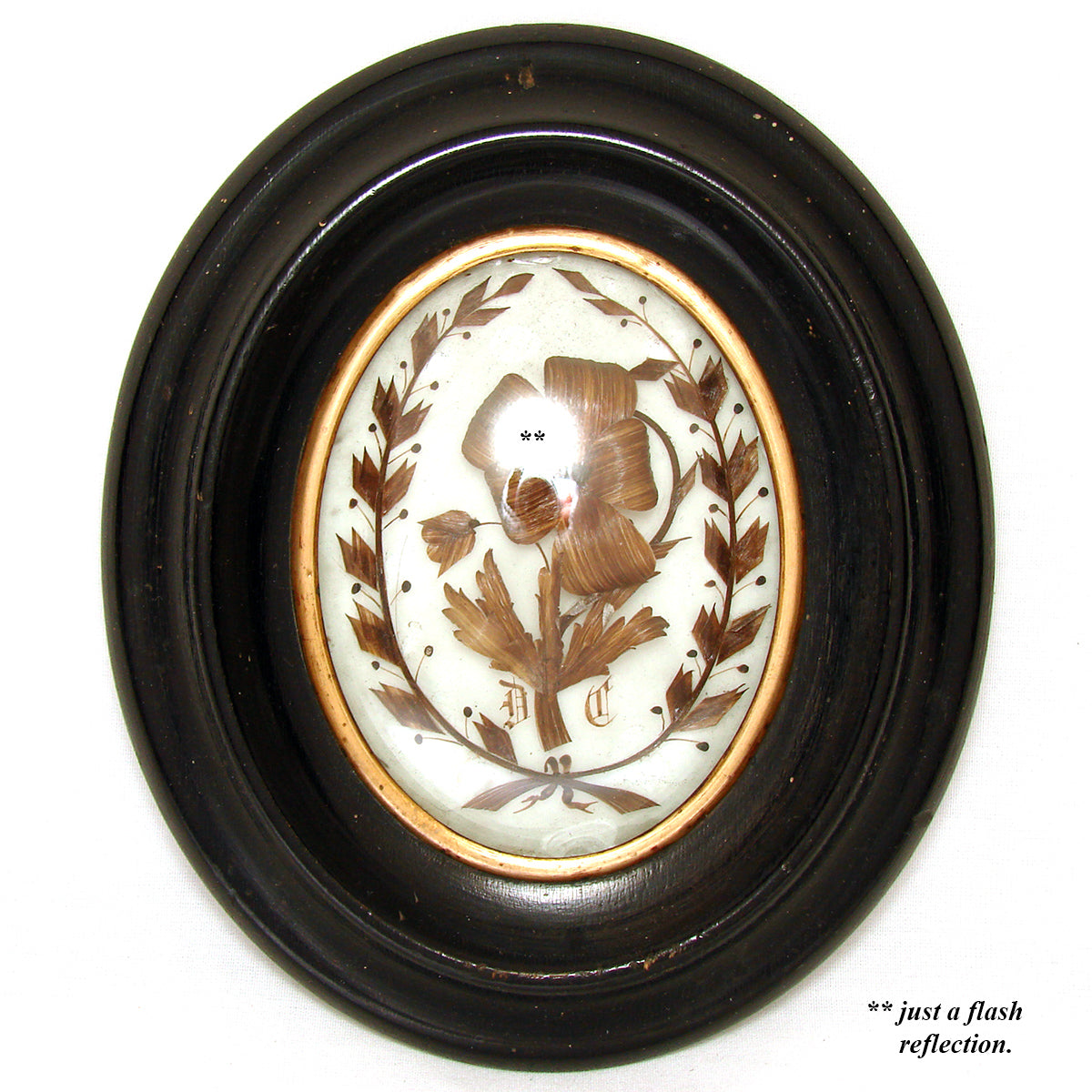 Antique French Hair Art Mourning Icon, Memento, Flower & Wreath "JC" Inscription in Oval Bombe Frame