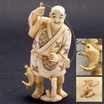 Antique Japanese Signed Netsuke Carved Ivory Figure, a Detailed Fisherman with Pole & Fish